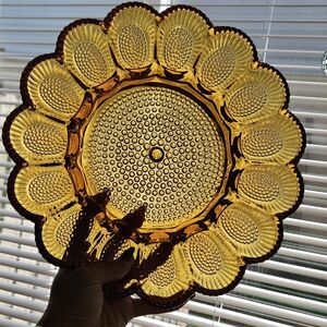 Vtg Amber Gold Glass Hobnail 15 Deviled  Egg Serving Tray Platter Plant Holder